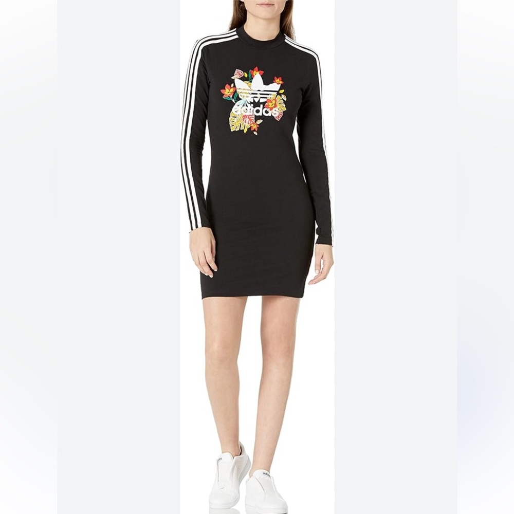 adidas Black Long Sleeve Floral Trefoil Bodycon Dress